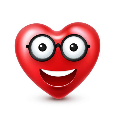 Sevgililer günü için kalp gülen emoji vektör. Komik kırmızı yüz ifadeleri ve duyguları ile. Aşk sembolü.