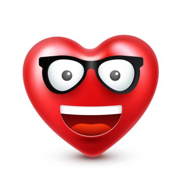 Sevgililer günü için kalp gülen emoji vektör. Komik kırmızı yüz ifadeleri ve duyguları ile. Aşk sembolü.