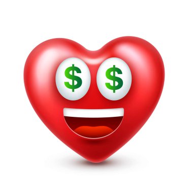 Sevgililer günü için kalp gülen emoji vektör. Komik kırmızı yüz ifadeleri ve duyguları ile. Aşk sembolü.