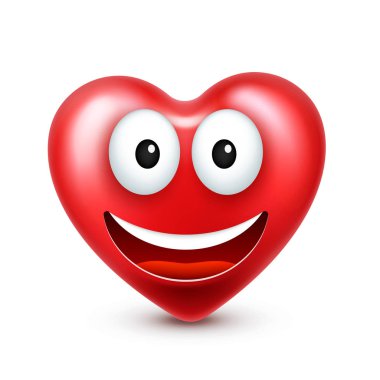Sevgililer günü için kalp gülen emoji vektör. Komik kırmızı yüz ifadeleri ve duyguları ile. Aşk sembolü.