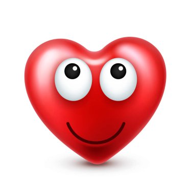 Sevgililer günü için kalp gülen emoji vektör. Komik kırmızı yüz ifadeleri ve duyguları ile. Aşk sembolü.