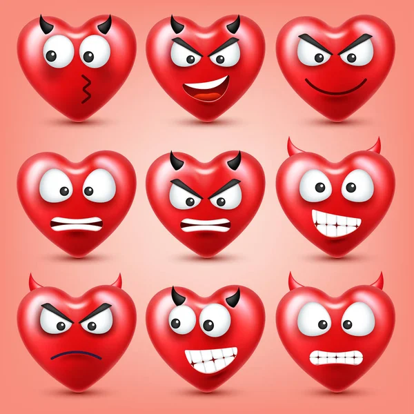 Sevgililer günü için kalp Smiley Emoji vektör kümesi. Komik kırmızı yüz ifadeleri ve duyguları ile. Aşk sembolü. — Stok Vektör