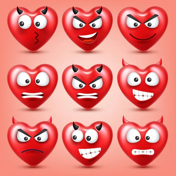 Heart smiley emoji vector set for Valentines Day. Funny red face with expressions and emotions. Love symbol.