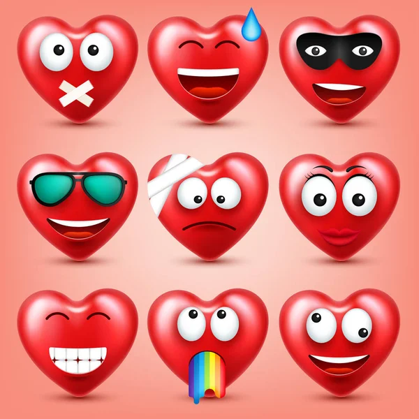 Heart smiley emoji vector set for Valentines Day. Funny red face with expressions and emotions. Love symbol.