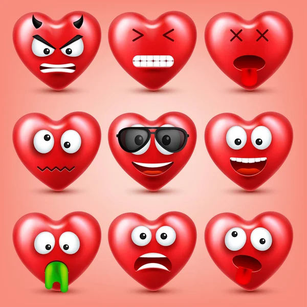バレンタインデーのため心スマイリー絵文字ベクトルを設定します。面白い表現と感情と真っ赤な顔。愛のシンボル. — ストックベクタ