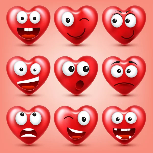 Heart smiley emoji vector set for Valentines Day. Funny red face with expressions and emotions. Love symbol.