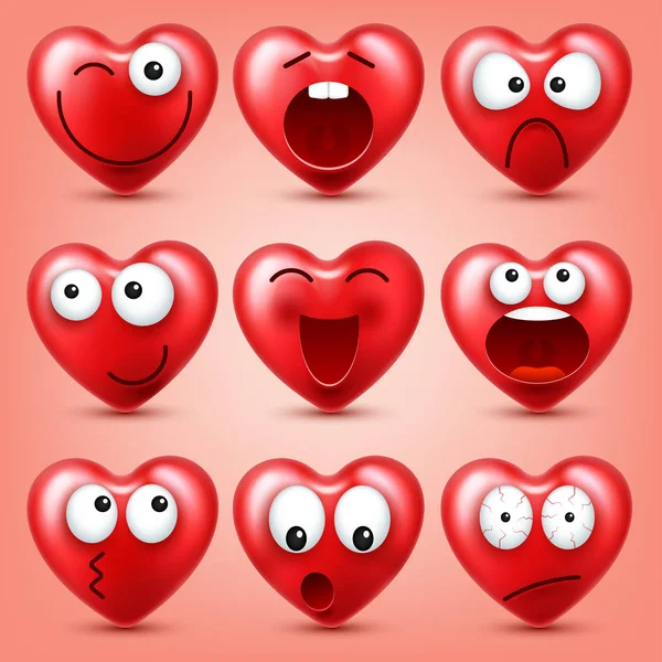 Heart smiley emoji vector set for Valentines Day. Funny red face with expressions and emotions. Love symbol.