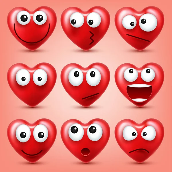 Heart Smiley Emoji Vector Set per San Valentino. Faccia Rossa Divertente Con Espressioni ed Emozioni. Simbolo d'amore . — Vettoriale Stock