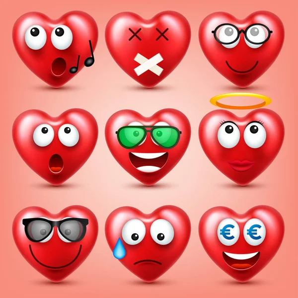 Srdce smajlík Emoji vektorové sada pro Valentines den. Legrační červený obličej s výrazy a emoce. Symbol lásky. — Stockový vektor