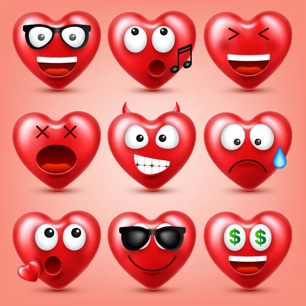 Heart smiley emoji vector set for Valentines Day. Funny red face with expressions and emotions. Love symbol. — Stock Vector