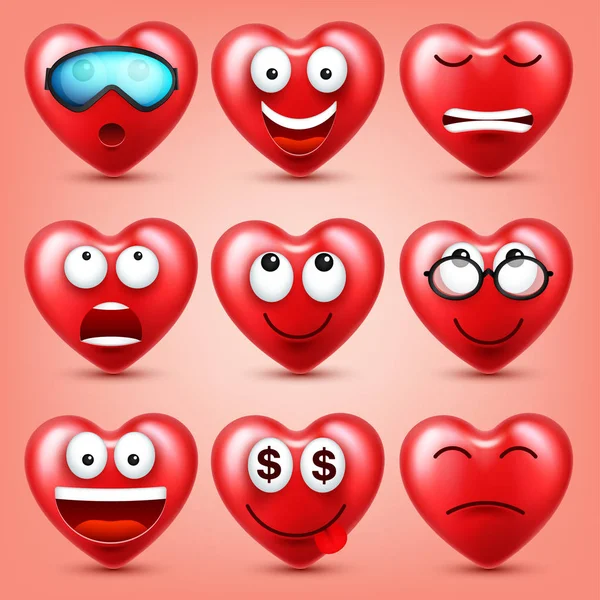 Heart smiley emoji vector set for Valentines Day. Funny red face with expressions and emotions. Love symbol. — Stock Vector