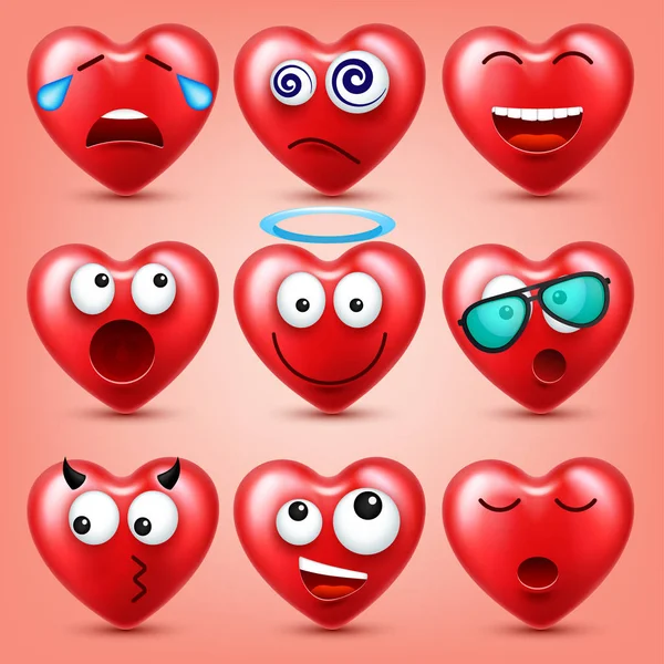 Set de Vectores Emoji Corazón Sonriente para el Día de San Valentín. Cara roja divertida con expresiones y emociones. Símbolo de amor . — Vector de stock