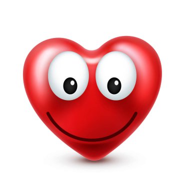 Sevgililer günü için kalp gülen emoji vektör. Komik kırmızı yüz ifadeleri ve duyguları ile. Aşk sembolü.