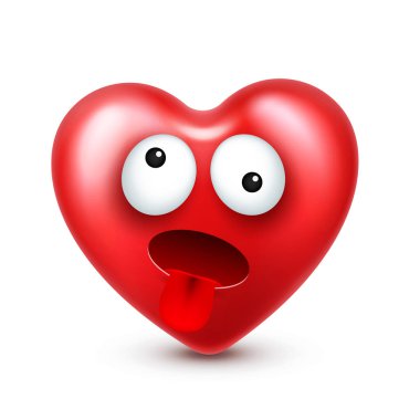 Sevgililer günü için kalp gülen emoji vektör. Komik kırmızı yüz ifadeleri ve duyguları ile. Aşk sembolü.