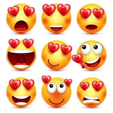 Emoji kırmızı kalp vektör ile ayarlayın. Sevgililer günü sarı çizgi film ifadeler yüz. Sevgi duygu ifade