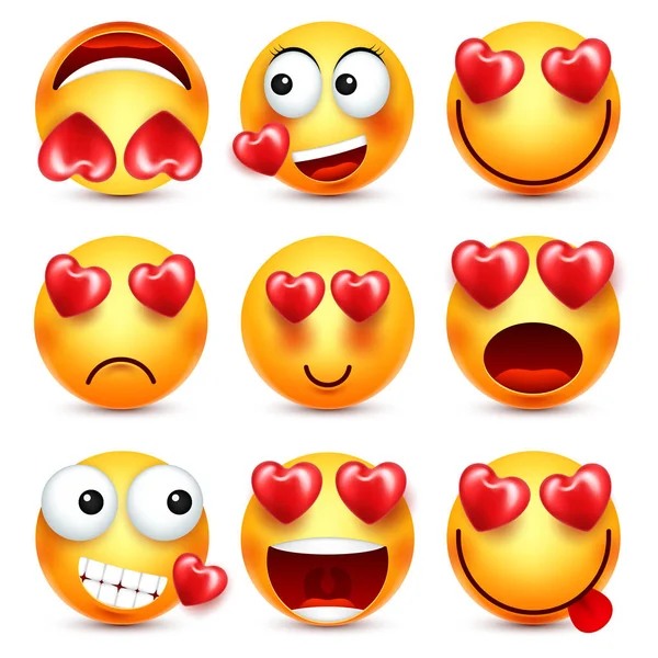 Emoji Sadou Vektor Červené Srdce Valentinky Den Žluté Kreslené Emotikony — Stockový vektor