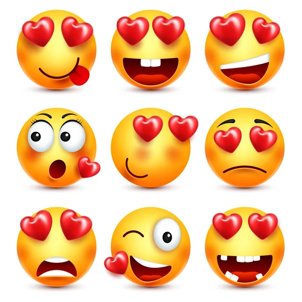 Emoji com conjunto de vetores de coração vermelho. Dia dos Namorados Amarelo Cartoon Emoticons Rosto. Expressão de sentimento de amor . — Vetor de Stock