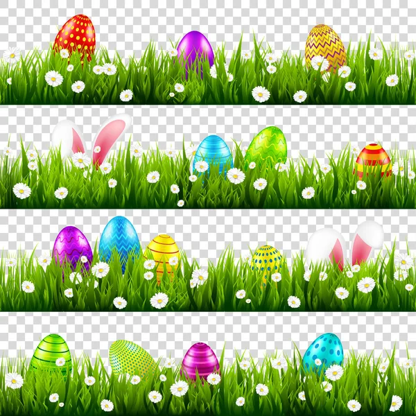 Huevos de Pascua en la hierba con orejas de conejo. Vacaciones de primavera en abril. Celebración dominical estacional con caza de huevos . — Vector de stock