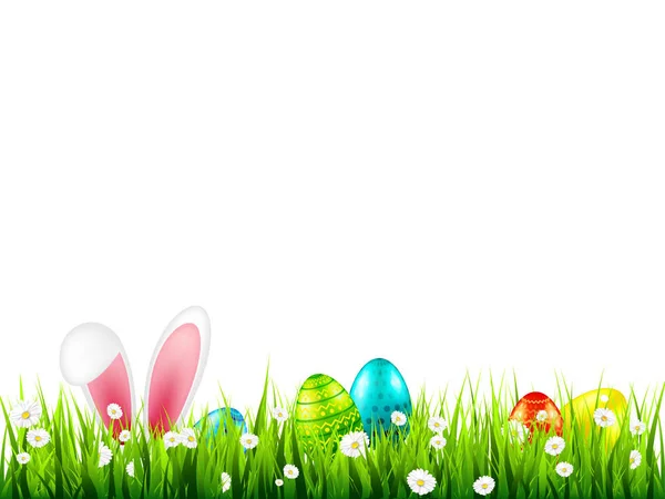 Huevos de Pascua en la hierba con orejas de conejo. Vacaciones de primavera en abril. Celebración dominical estacional con caza de huevos . — Vector de stock