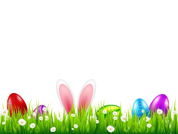 Huevos de Pascua en la hierba con orejas de conejo. Vacaciones de primavera en abril. Celebración dominical estacional con caza de huevos . — Vector de stock