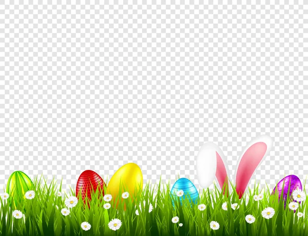 Huevos de Pascua en la hierba con orejas de conejo. Vacaciones de primavera en abril. Celebración dominical estacional con caza de huevos . — Vector de stock