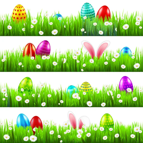 Huevos de Pascua en la hierba con orejas de conejo. Vacaciones de primavera en abril. Celebración dominical estacional con caza de huevos . — Vector de stock