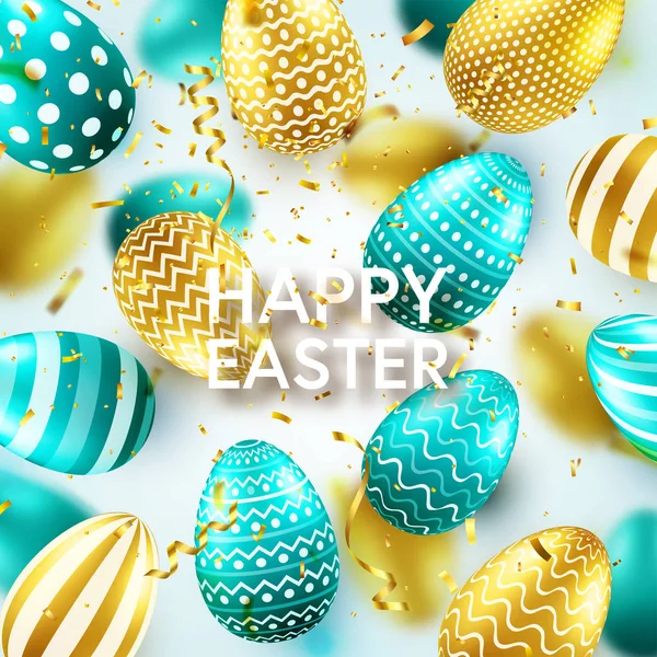 Пасхальное золотое, зеленое яйцо с каллиграфическими надписями, приветствия. Традиционные весенние праздники в апреле или марте. В воскресенье. Яйца и золото . — стоковый вектор
