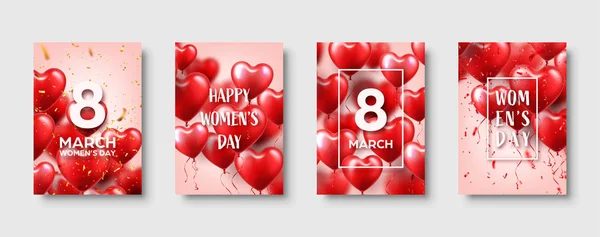 Fond de journée des femmes avec des ballons rouges, en forme de coeur. Confettis et ruban. Symbole d'amour. Le 8 mars. Je t'aime. Illustration vectorielle . — Image vectorielle