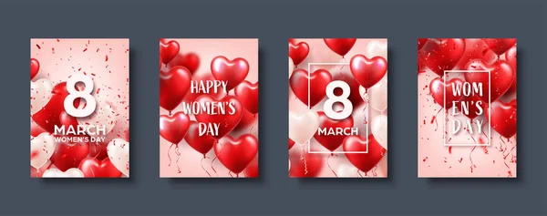 Fondo de día para mujer con globos rojos, forma de corazón.Confetti y cinta. Símbolo de amor. 8 de marzo. Te quiero. Te quiero. Ilustración vectorial . — Vector de stock