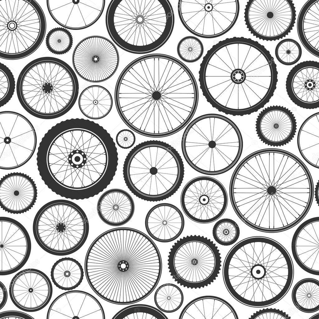 Bicycle wheel seamless pattern. Bike rubber mountain tyre, valve. Fitness cycle, mtb, mountainbike. Vector illustration.