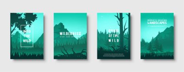 Dağ ve orman. Vahşi doğa manzara. Seyahat ve macera. Panorama. Ormana doğru. Ufuk çizgisi. Ağaçlar, sis. Vektör çizim.