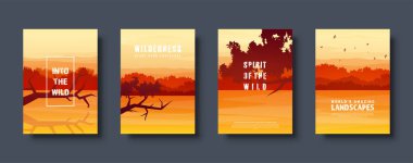 Dağ ve orman. Vahşi doğa manzara. Seyahat ve macera. Panorama. Ormana doğru. Ufuk çizgisi. Ağaçlar, sis. Vektör çizim.