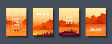 Dağ ve orman. Vahşi doğa manzara. Seyahat ve macera. Panorama. Ormana doğru. Ufuk çizgisi. Ağaçlar, sis. Vektör çizim.