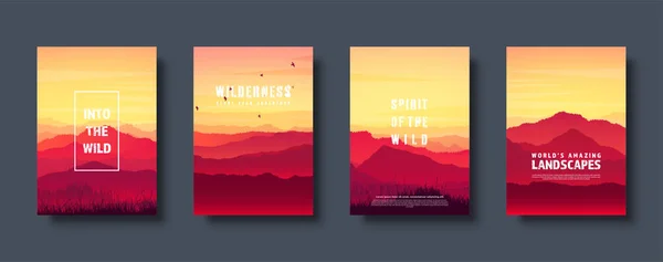 Montañas y bosque. Paisaje natural salvaje. Viajes y aventura.Panorama.Panorama En el bosque. Línea Horizon. Árboles, niebla. Ilustración vectorial . — Vector de stock