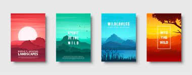 Dağ ve orman. Vahşi doğa manzara. Seyahat ve macera. Panorama. Ormana doğru. Ufuk çizgisi. Ağaçlar, sis. Vektör çizim.