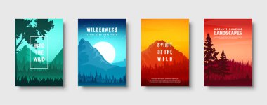 Dağ ve orman. Vahşi doğa manzara. Seyahat ve macera. Panorama. Ormana doğru. Ufuk çizgisi. Ağaçlar, sis. Vektör çizim.