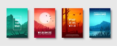 Dağ ve orman. Vahşi doğa manzara. Seyahat ve macera. Panorama. Ormana doğru. Ufuk çizgisi. Ağaçlar, sis. Vektör çizim.