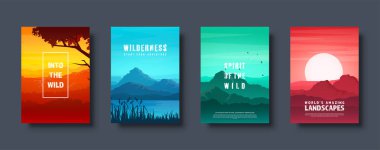 Dağ ve orman. Vahşi doğa manzara. Seyahat ve macera. Panorama. Ormana doğru. Ufuk çizgisi. Ağaçlar, sis. Vektör çizim.