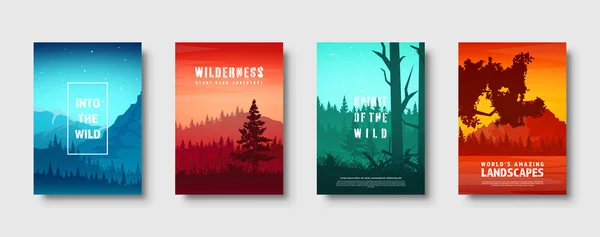 Mountains and forest. Wild nature landscape. Travel and adventure.Panorama. Into the woods. Horizon line.Trees,fog. Vector illustration. — Stock Vector