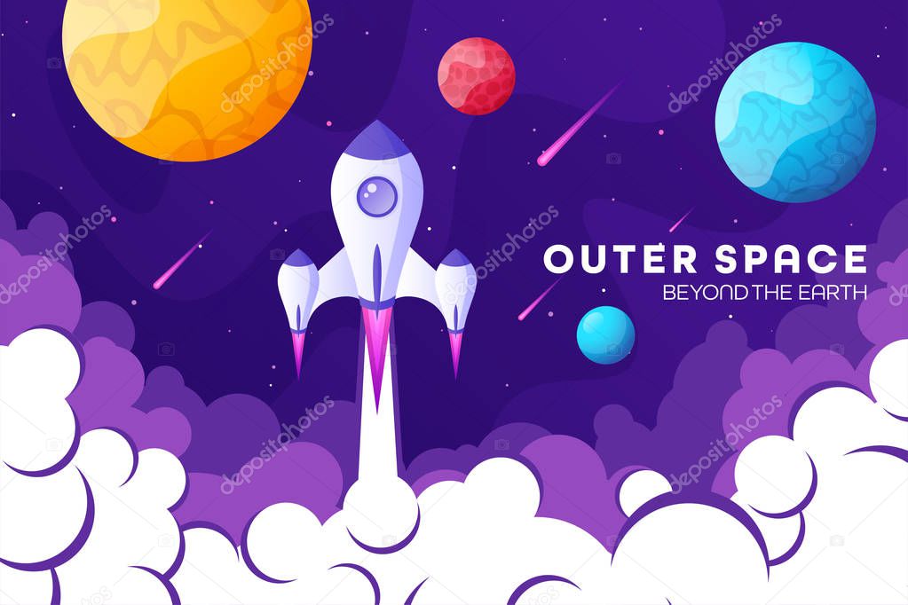 Space futuristic modern, colorful background with rocket, planets and stars. Starship, spaceship in night sky. Solar system, galaxy and universe exploration. Vector illustration.