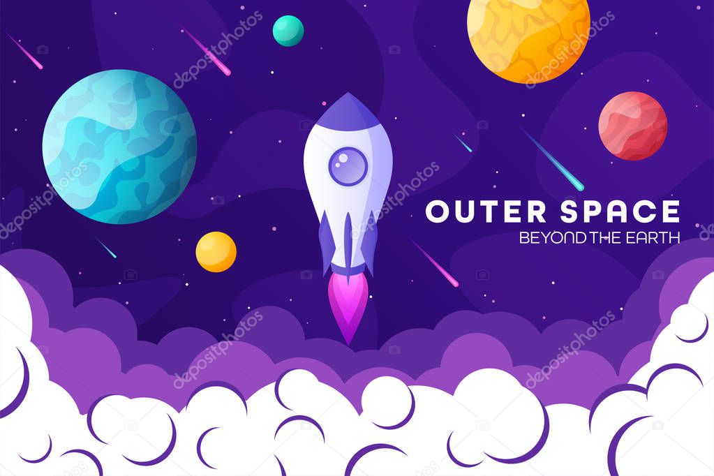 Space futuristic modern, colorful background with rocket, planets and stars. Starship, spaceship in night sky. Solar system, galaxy and universe exploration. Vector illustration.