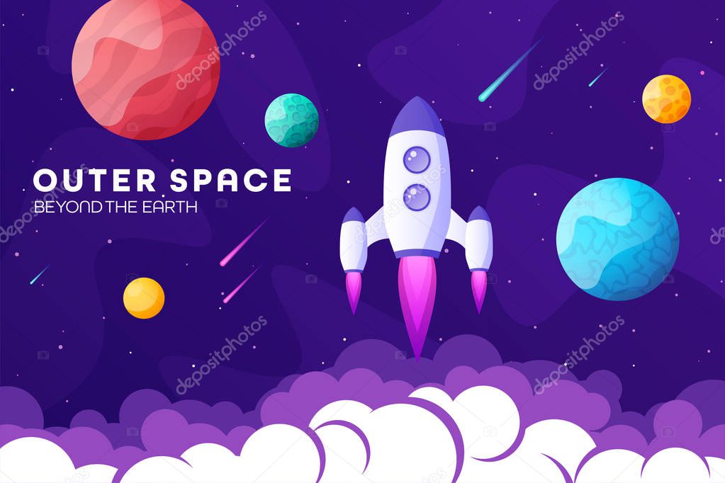 Space futuristic modern, colorful background with rocket, planets and stars. Starship, spaceship in night sky. Solar system, galaxy and universe exploration. Vector illustration.