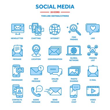 İletişim, sosyal medya ve online sohbet. Telefon görüşmesi, app haberci. Mobil, smartphone. Bilgisayar, e-posta. İnce çizgi web simge seti, anahat Icons collection.
