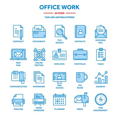 İş ve office çalışır. Belge, evrak. İş adamı. İnce çizgi mavi web simge seti. Anahat simgeleri koleksiyonu. Vektör çizim.