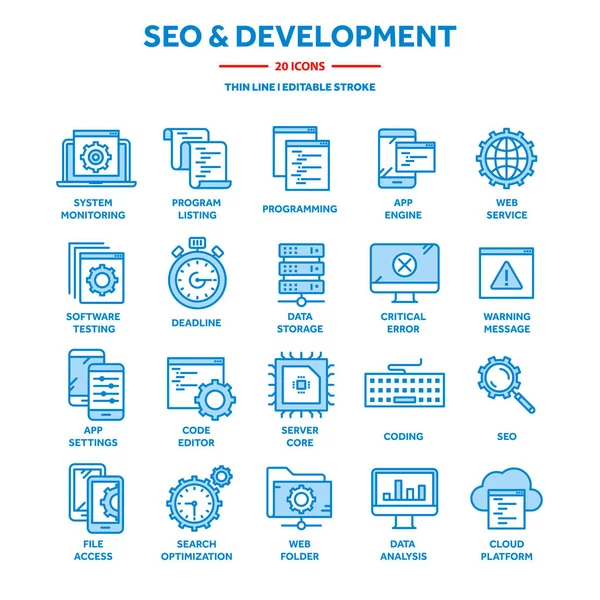 Seo dan pengembangan aplikasi. Cari optimasi mesin. Internet, e-komersi.Thin line blue web icon set. Mengumpulkan ikon. Ilustrasi vektor . - Stok Vektor