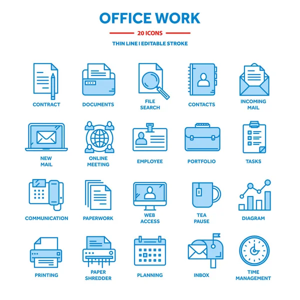 商业和办公室工作。文件，文书工作。商人。细线蓝色 web 图标集。大纲图标集合。矢量图. — 图库矢量图片