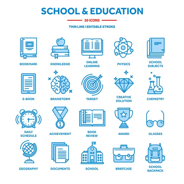 Školní vzdělávání, univerzity. Studie, procesu učení. Oline lekcí, kurz. Znalosti studenta. Kniha historie. Tenká čára webové sady ikon. Obrys ikony kolekce. Vektorové ilustrace. — Stockový vektor