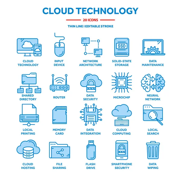 Cloud computing. Internet technology. Online services. Data, information security. Connection. Thin line blue web icon set. Outline icons collection.Vector illustration. — Stock Vector