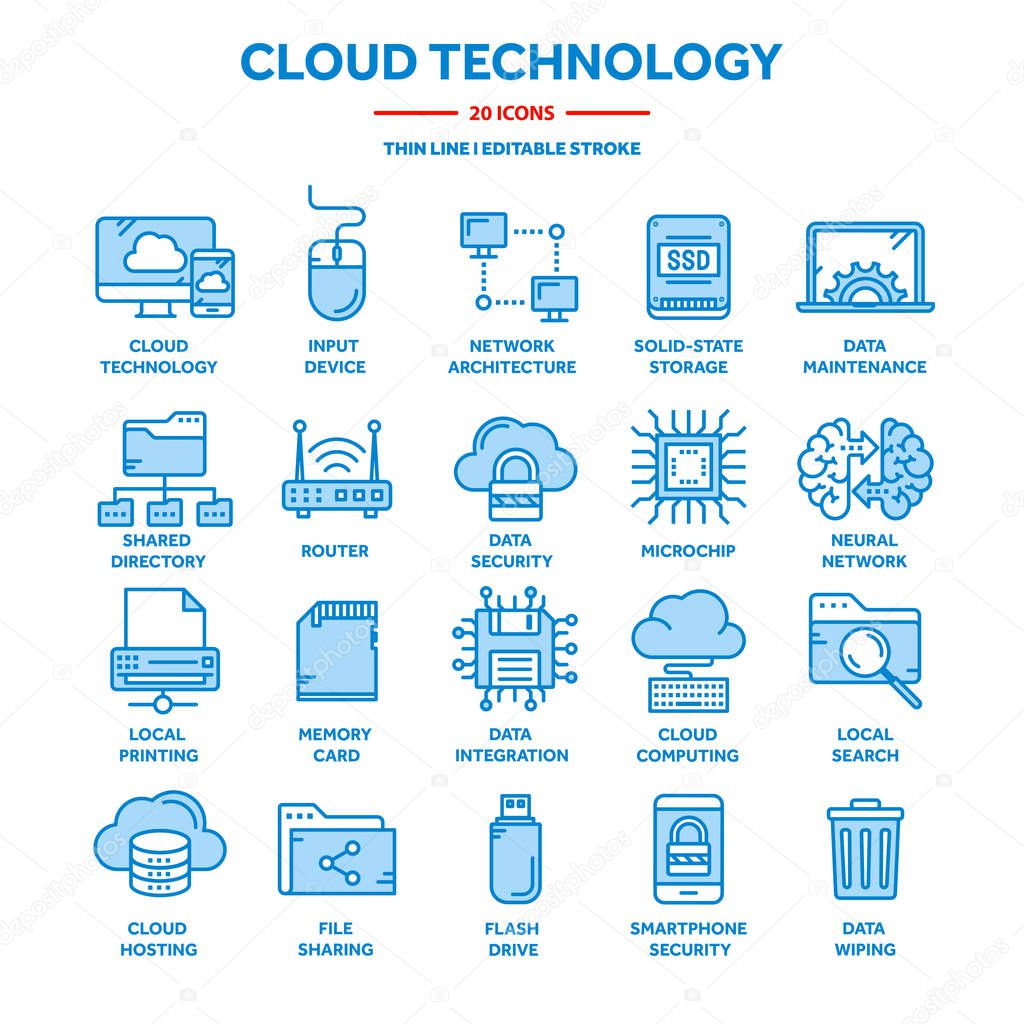 Cloud computing. Internet technology. Online services. Data, information security. Connection. Thin line blue web icon set. Outline icons collection.Vector illustration.