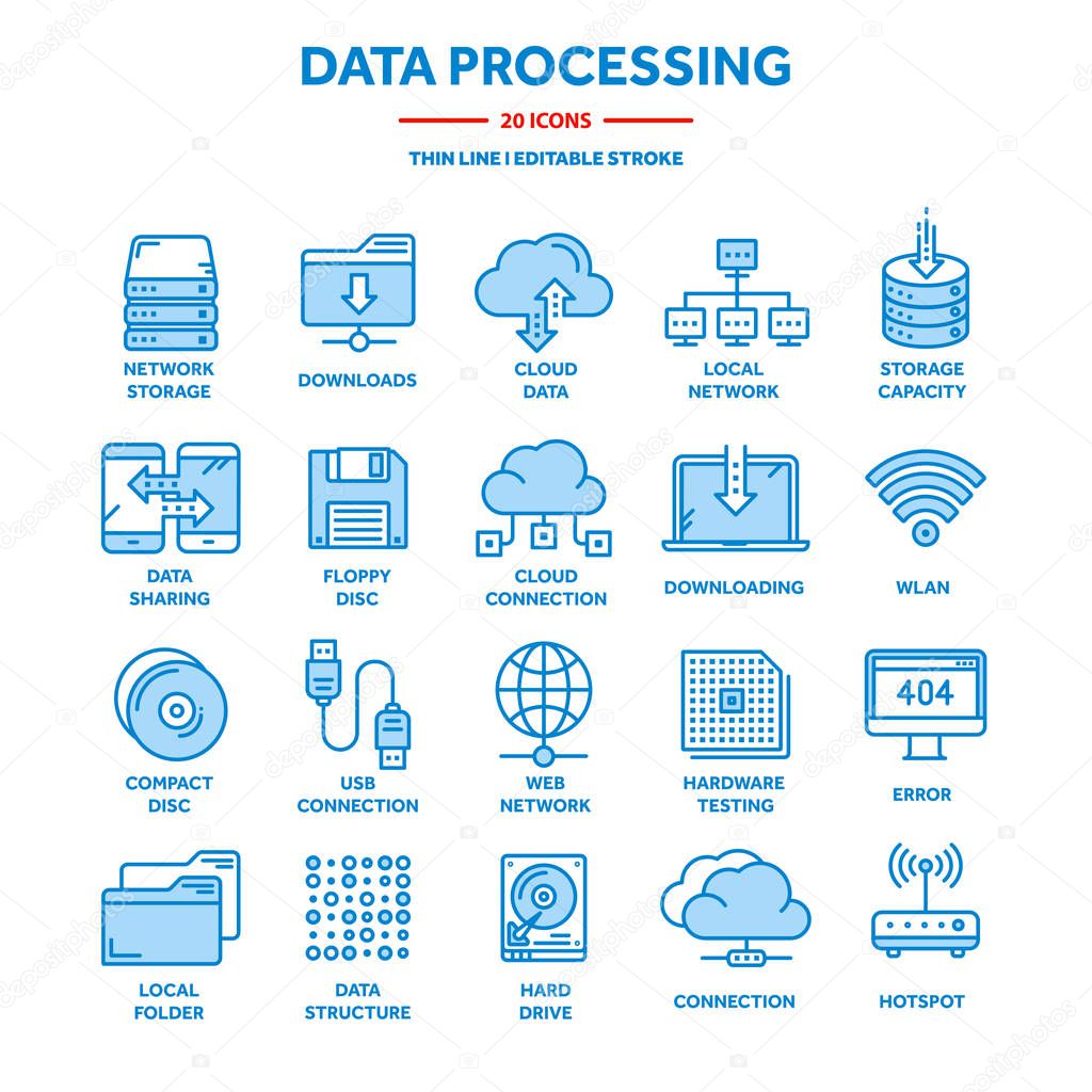 Cloud computing. Internet technology. Online services. Data processing, information security. Connection. Thin line web icon set. Outline icons collection.